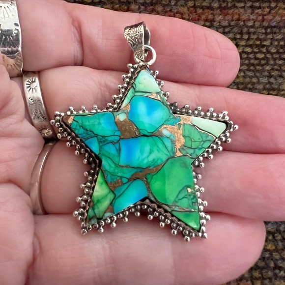 ❤️ Green Dahlia Kingman Turquoise Decorative Star 925 Statement Pendant 15.1 Gm - Picture 8 of 17